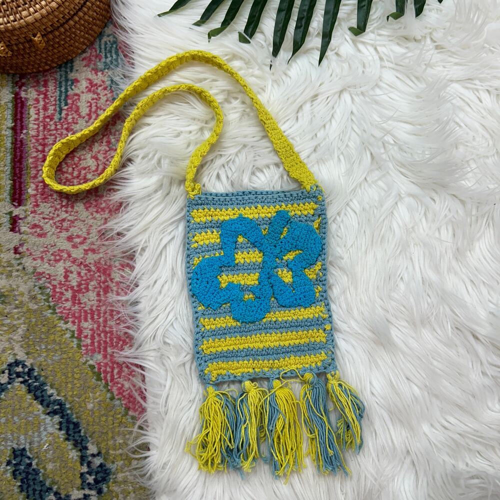 UO Urban Outfitters Blue Yellow Boho Crochet Fringe Cell Phone Shoulder Mini Bag